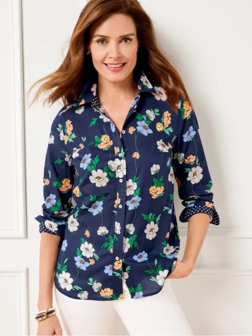 Talbots Navy‎ Blue Floral Cotton Button Down Shirt Blouse MP Polka Dot Trim
